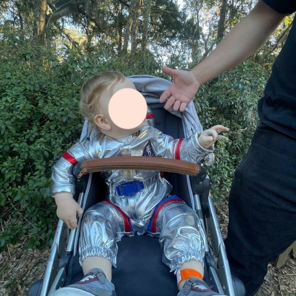Pottery Barn Kids Silver Astronaut Baby Costume with detachable Jetpack.